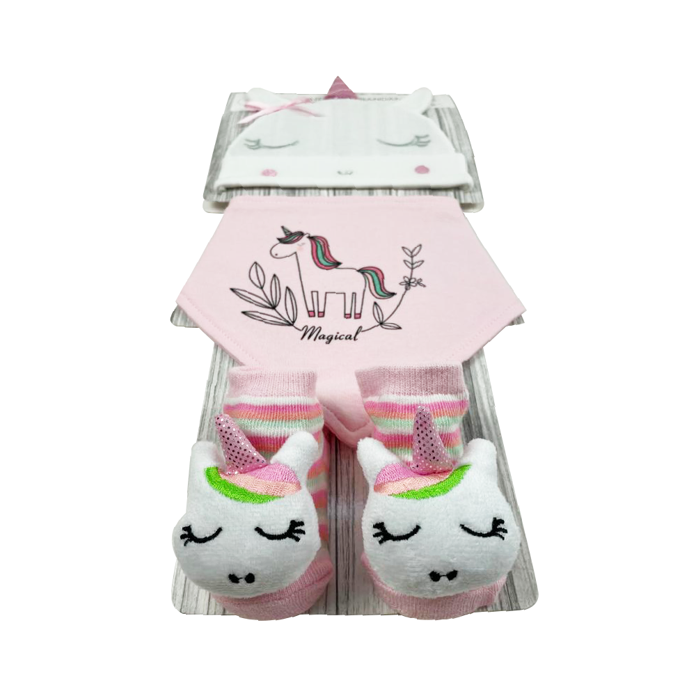 Mother's Choice 3-Pc Newborn Baby Hat, Bib, Rattle Socks Cotton Set (Pink Unicorn)